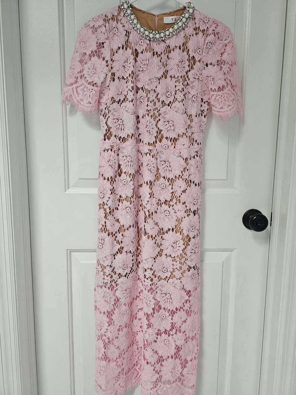 Pink Floral Lace Midi Dress with Embellished Collar